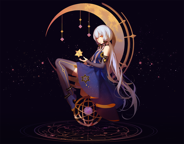 Anime picture 1200x936 with vocaloid xingchen ask (askzy) single long hair looking at viewer simple background sitting bare shoulders yellow eyes silver hair full body bent knee (knees) very long hair long sleeves light smile shadow black background hair over shoulder tress ribbon