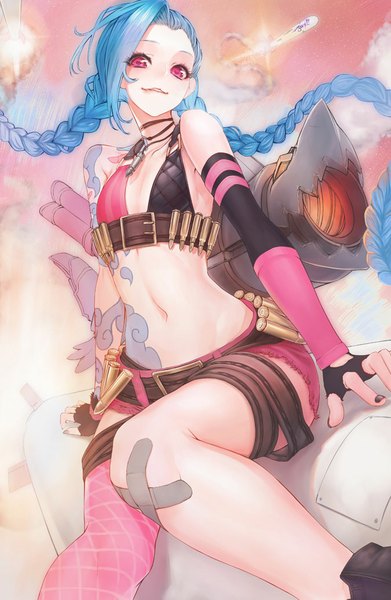 Anime picture 675x1035 with league of legends jinx (league of legends) mins (minevi) single long hair tall image looking at viewer breasts light erotic smile sitting bare shoulders blue hair braid (braids) pink eyes midriff tattoo twin braids flat chest smoke