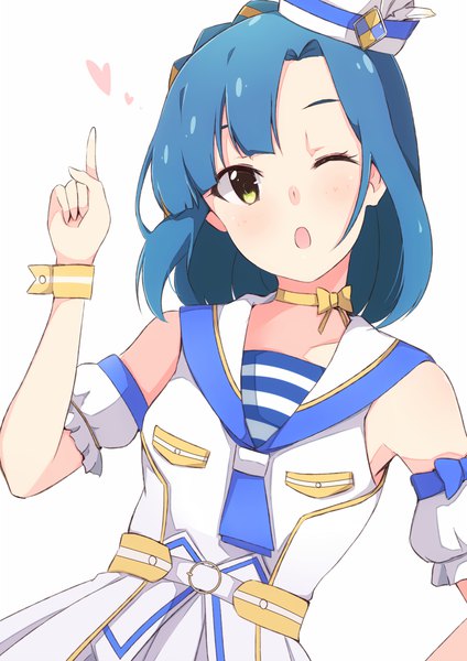 Anime picture 800x1131 with idolmaster idolmaster million live! nanao yuriko enelis single tall image blush short hair open mouth simple background white background green eyes blue hair upper body one eye closed wink pointing sailor collar girl hat