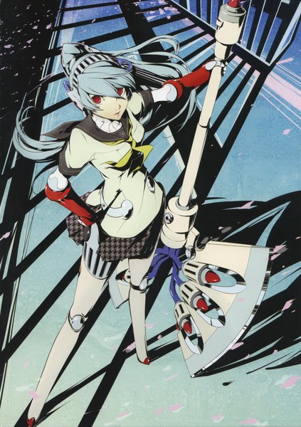 Anime picture 2452x3481 with persona 4 shin megami tensei labrys single long hair tall image looking at viewer highres red eyes standing blue hair ponytail official art shadow girl skirt uniform weapon school uniform petals