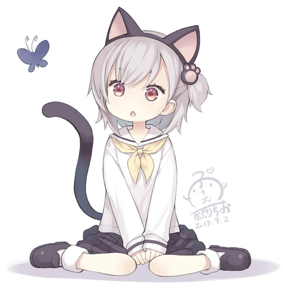 Anime picture 984x1000 with original kaburi chiko capriccio single tall image blush fringe short hair open mouth simple background red eyes white background sitting signed animal ears silver hair full body tail long sleeves head tilt