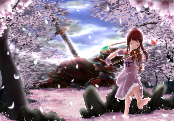 Anime picture 2600x1809 with original pinguin-kotak long hair highres smile sky cloud (clouds) ponytail red hair eyes closed legs cherry blossoms girl dress gloves weapon plant (plants) petals sword tree (trees)