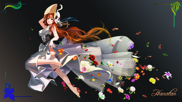 Anime picture 1920x1080 with original ushas single long hair highres open mouth red eyes wide image barefoot orange hair dark background girl dress flower (flowers) hat animal petals cat microphone straw hat