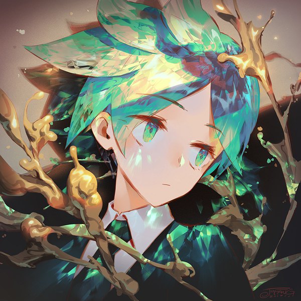Anime picture 800x800 with houseki no kuni phosphophyllite jofang single short hair green eyes signed looking away green hair portrait androgynous spoilers uniform necktie