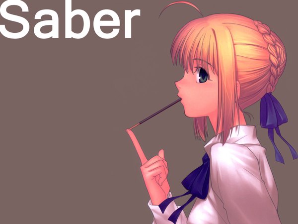 Anime picture 1600x1200 with fate (series) fate/stay night studio deen type-moon artoria pendragon (all) saber tagme (artist) single highres short hair blonde hair simple background ahoge profile hair bun (hair buns) character names brown background braided bun girl ribbon (ribbons)