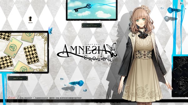 Anime picture 1920x1080 with amnesia idea factory heroine (amnesia) hanamura mai single long hair looking at viewer highres blonde hair smile brown hair wide image green eyes inscription girl dress hair ornament flower (flowers) insect butterfly