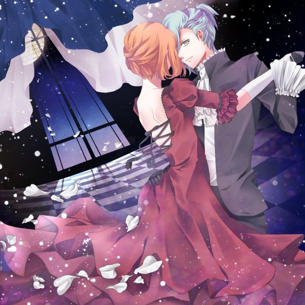 Anime picture 1200x1200 with uta no prince-sama a-1 pictures nanami haruka (uta no prince-sama) mikaze ai short hair smile aqua eyes light smile orange hair aqua hair night night sky couple hug back holding hands light face to face lacing checkered floor