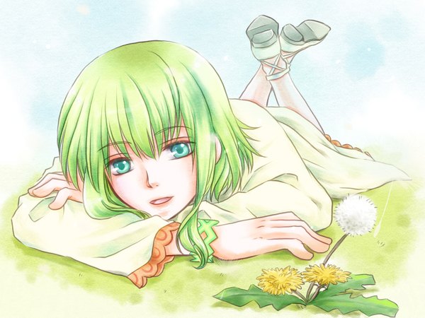 Anime picture 1600x1200 with vocaloid gumi tagme (artist) single short hair open mouth green eyes lying green hair girl dress flower (flowers) shoes dandelion