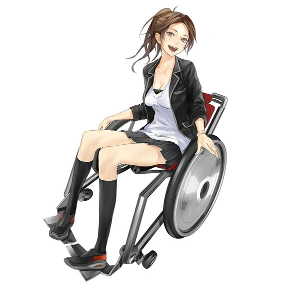 Anime picture 1059x1029 with guilty crown production i.g shinomiya ayase redjuice single long hair breasts simple background smile brown hair white background sitting cleavage full body thighhighs uniform black thighhighs school uniform bracelet wheelchair