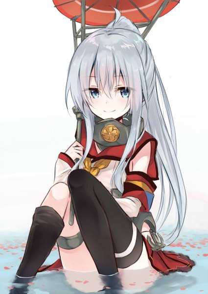 Anime picture 1000x1412 with kantai collection hibiki destroyer azuuru single long hair tall image looking at viewer blush fringe blue eyes smile sitting silver hair ahoge ponytail cosplay convenient leg yamato super battleship (cosplay) girl thighhighs