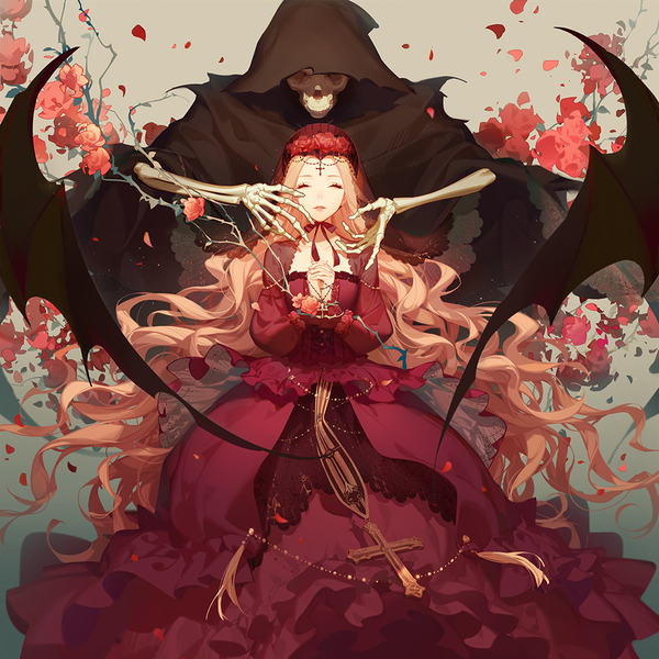 Anime picture 1000x1000 with original death (entity) ask (askzy) blonde hair standing eyes closed long sleeves parted lips lips floating hair wavy hair black wings bondage hands clasped interlocked fingers skeleton praying girl dress flower (flowers)