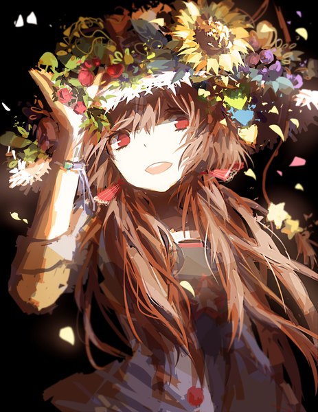 Anime picture 1777x2300 with original prophet chu single long hair tall image looking at viewer highres simple background red eyes brown hair twintails hair flower low twintails black background pale skin girl dress hair ornament flower (flowers) ribbon (ribbons)