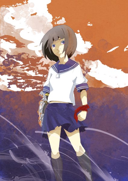 Anime picture 1653x2338 with sho (pixiv) single tall image short hair purple eyes sky cloud (clouds) grey hair girl skirt uniform school uniform armor fist