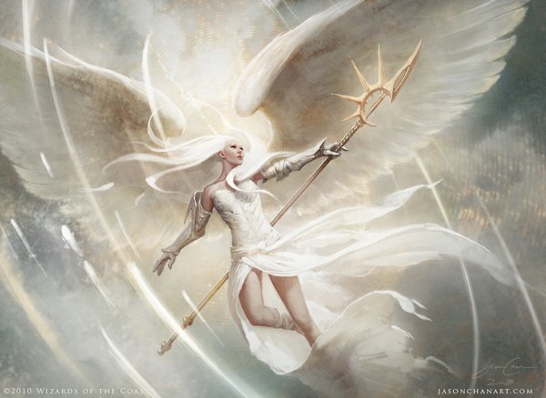 Anime picture 1095x800 with original jason chan single long hair white hair black eyes flying angel girl dress gloves weapon wings elbow gloves staff