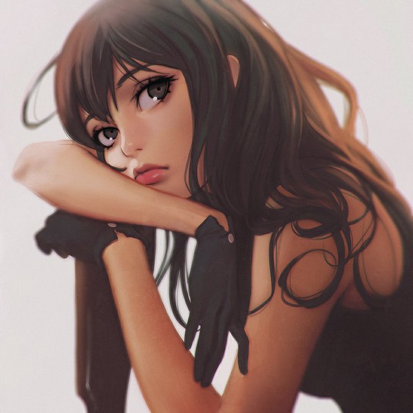 Anime picture 1080x1080 with original ilya kuvshinov single long hair fringe simple background brown hair brown eyes looking away lips grey background leaning looking up girl gloves black gloves chair