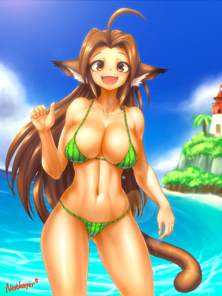 Anime picture 1200x1600 with original nestkeeper single long hair tall image looking at viewer breasts open mouth light erotic smile brown hair large breasts brown eyes animal ears sky cloud (clouds) tail animal tail bare belly girl