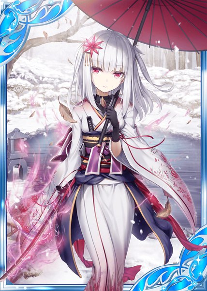 Anime picture 640x896 with shinkai no valkyrie magatsuhi (shinkai no valkyrie) akkijin single long hair tall image looking at viewer fringe red eyes standing holding outdoors white hair blunt bangs traditional clothes head tilt japanese clothes wind wide sleeves official art