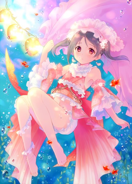 Anime picture 1000x1390 with love live! school idol project sunrise (studio) love live! yazawa nico ousaka nozomi single tall image looking at viewer short hair light erotic black hair red eyes twintails bare shoulders barefoot loli tears light underwater leg lift (legs lift)
