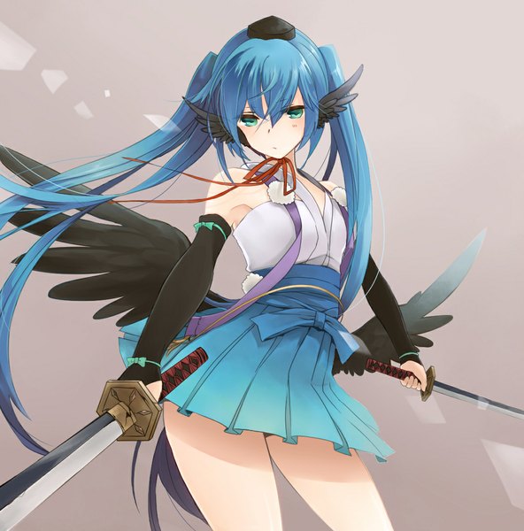 Anime picture 1078x1094 with inu x boku ss david production karasuma kuroe yamada nishiki single long hair tall image looking at viewer blush blue eyes simple background twintails bare shoulders blue hair long sleeves traditional clothes japanese clothes grey background black wings tengu
