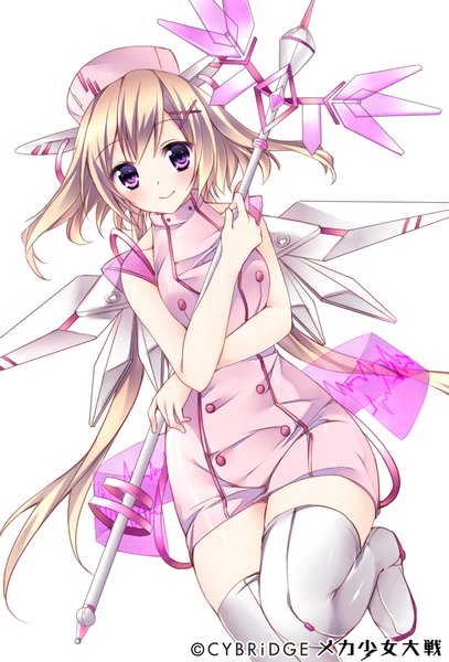 Anime picture 651x960 with original sorai shin'ya single tall image looking at viewer blush short hair simple background blonde hair smile white background purple eyes holding bent knee (knees) floating hair nurse girl uniform boots thigh boots