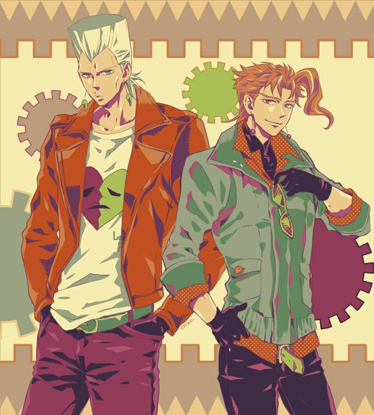 Anime picture 765x850 with jojo no kimyou na bouken kakyoin noriaki jean pierre polnareff aki epiko tall image looking at viewer short hair smile brown hair purple eyes green eyes signed white hair multiple boys hand on hip hands in pockets sunglasses removed boy gloves earrings