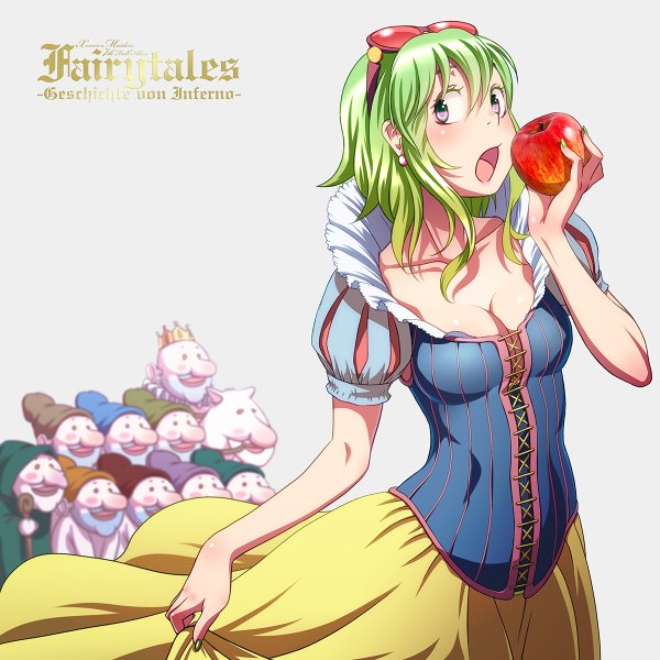 Anime picture 1200x1200 with snow white and the seven dwarfs vocaloid gumi dwarf (grimm) wokada blush fringe short hair open mouth simple background hair between eyes cleavage nail polish looking back fingernails green hair inscription short sleeves midriff alternate costume