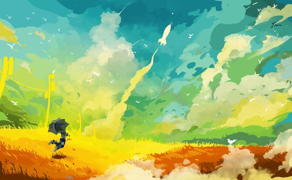 Anime picture 1280x790 with original caisemiyu highres wide image sky cloud (clouds) wind sunlight landscape multicolored boy animal bird (birds) umbrella power lines spacecraft rocket ship
