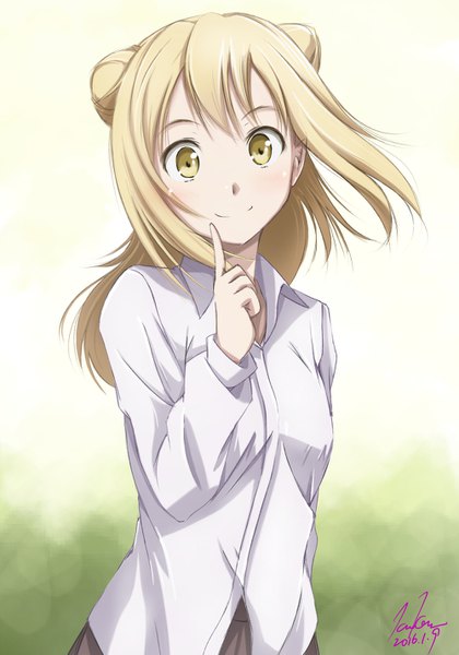 Anime picture 1000x1429 with demi-chan wa kataritai a-1 pictures takanashi hikari kem kem single long hair tall image looking at viewer blonde hair signed yellow eyes upper body wind pointy ears hair bun (hair buns) finger to mouth dated girl uniform school uniform