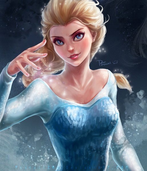 Anime picture 900x1050 with frozen (disney) disney elsa (frozen) pastellzhq single long hair tall image blue eyes blonde hair signed looking away braid (braids) nail polish girl