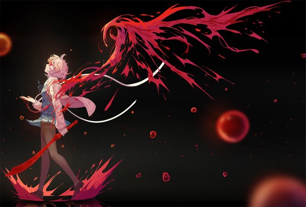 Anime picture 1569x1063 with kyoukai no kanata kyoto animation kuriyama mirai nanaya (daaijianglin) single fringe short hair ahoge profile pleated skirt arm up blurry open clothes magic black background dark background looking up messy hair girl skirt