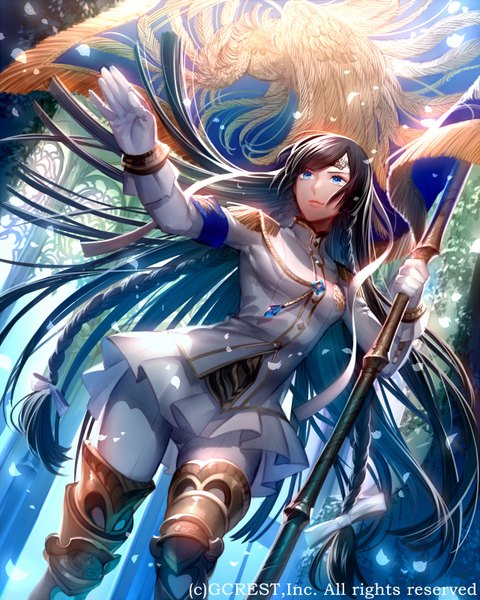 Anime picture 1280x1600 with original tayuya1130 single long hair tall image fringe breasts blue eyes brown hair holding looking away bent knee (knees) braid (braids) wind lips from below twin braids outstretched arm glow girl