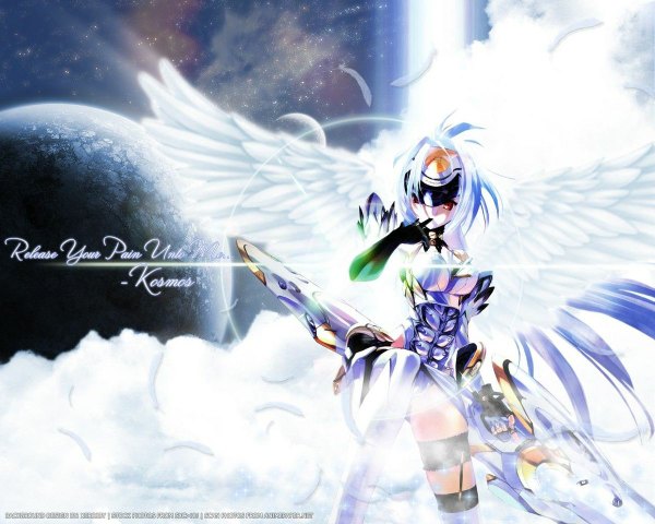 Anime picture 1200x960 with xenosaga monolith software kos-mos choco chocolate shop single short hair red eyes white hair inscription character names text finger to mouth english angel wings angel girl weapon wings feather (feathers)