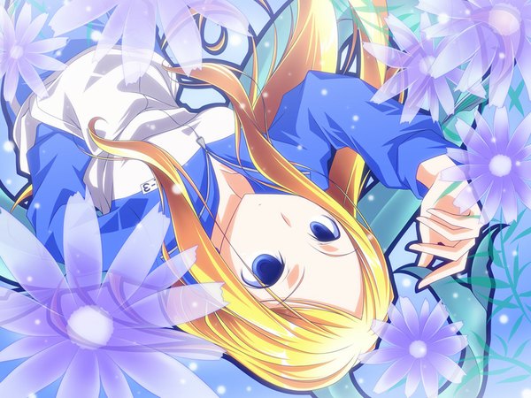 Anime picture 1024x768 with arakawa under the bridge shaft (studio) nino single long hair blue eyes blonde hair lying girl uniform flower (flowers) plant (plants) gym uniform