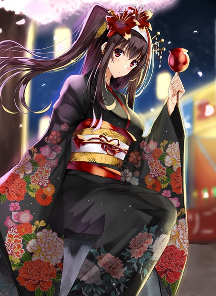 Anime picture 1200x1644 with saenai heroine no sodatekata a-1 pictures kasumigaoka utaha nicky w single long hair tall image looking at viewer blush fringe hair between eyes purple eyes purple hair traditional clothes japanese clothes hair flower one side up cherry blossoms girl flower (flowers)