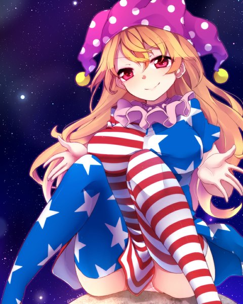 Anime picture 800x1000 with touhou clownpiece fuuen (akagaminanoka) single long hair tall image light erotic blonde hair smile red eyes sitting signed pantyshot spread arms pantyshot sitting striped polka dot space star print different thighhighs