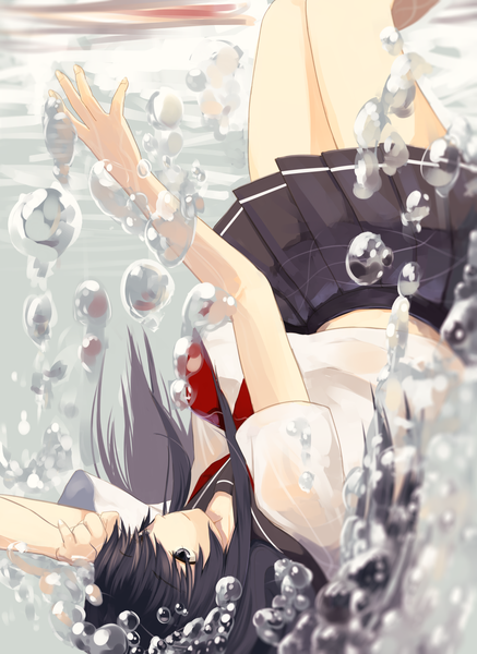 Anime picture 1253x1720 with original awa (3anco00) single long hair tall image fringe blue eyes black hair smile pleated skirt bare legs looking up wet clothes underwater upside down girl skirt uniform water serafuku
