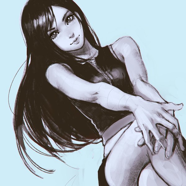 Anime picture 1024x1024 with final fantasy final fantasy vii square enix tifa lockhart ilya kuvshinov single long hair looking at viewer blush fringe black hair simple background sitting bare shoulders light smile lips realistic from below grey eyes crossed legs