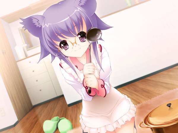 Anime picture 1200x900 with inumimi berserk (game) futsu tagaya short hair purple eyes animal ears game cg purple hair cooking girl glasses apron