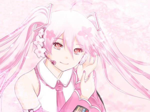 Anime picture 1168x876 with vocaloid hatsune miku sakura miku asaki (bluemoonstone) single long hair looking at viewer red eyes twintails bare shoulders pink hair girl flower (flowers) detached sleeves necktie headphones