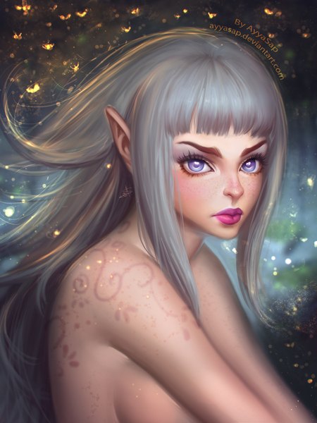 Anime picture 1536x2048 with ayyasap single long hair tall image fringe breasts light erotic purple eyes nude lips pointy ears grey hair realistic no bra lipstick eyeshadow pink lipstick makeup girl