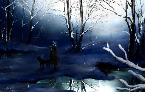 Anime picture 1200x767 with original shiroton (artist) single signed snowing reflection winter snow exhalation bare tree fog lake no face footprints ambiguous gender weapon plant (plants) animal tree (trees) hood
