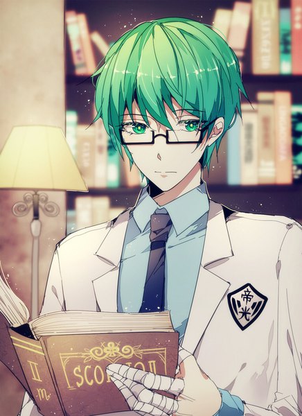 Anime picture 727x1000 with kuroko no basket production i.g midorima shintarou kurasaki ken single tall image fringe short hair hair between eyes green eyes upper body green hair expressionless dust boy uniform school uniform glasses book (books) bandage (bandages)