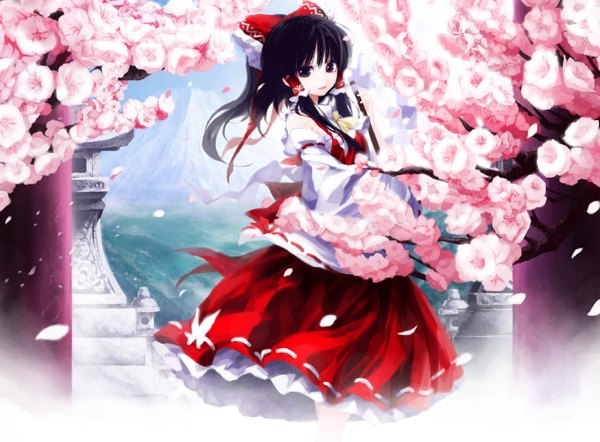 Anime picture 1356x1000 with touhou hakurei reimu iseki (kuroshura no tabiji) single long hair looking at viewer black hair red eyes traditional clothes cherry blossoms miko girl bow hair bow detached sleeves petals