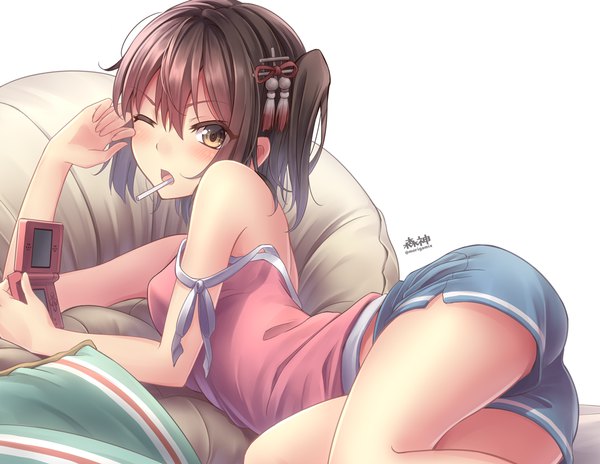 Anime picture 1034x800 with kantai collection nintendo sendai light cruiser morigami (morigami no yashiro) single looking at viewer blush fringe short hair open mouth light erotic simple background hair between eyes brown hair white background bare shoulders holding brown eyes bent knee (knees) lying