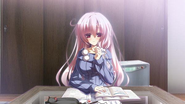 Anime picture 1280x720 with 12 no tsuki no eve shiina mizuka single long hair looking at viewer blush red eyes wide image sitting game cg silver hair girl book (books) sweater