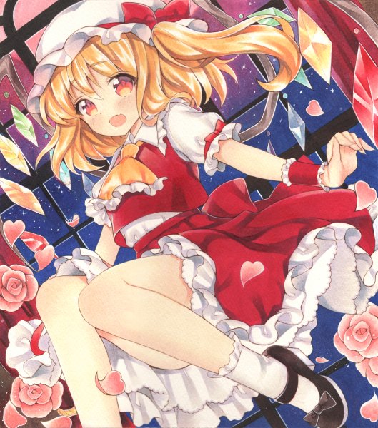 Anime picture 1058x1200 with touhou flandre scarlet mugicha0929 single tall image looking at viewer blush fringe short hair open mouth blonde hair red eyes sitting bent knee (knees) night night sky side ponytail girl skirt flower (flowers)
