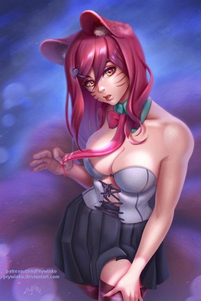 Anime picture 1333x2000 with league of legends ahri (league of legends) academy ahri (league of legends) olga narhova single long hair tall image looking at viewer fringe short hair breasts light erotic simple background hair between eyes large breasts bare shoulders holding signed animal ears yellow eyes
