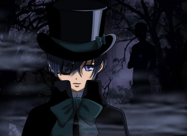 Anime picture 1280x929 with kuroshitsuji a-1 pictures ciel phantomhive looking at viewer short hair blue eyes black hair red eyes fog boy plant (plants) hat tree (trees) bowtie eyepatch suit top hat