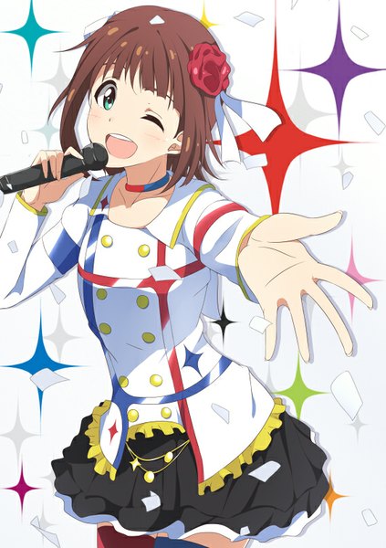 Anime picture 569x806 with idolmaster idolmaster movie amami haruka hitotsuki nanoka single tall image looking at viewer fringe short hair open mouth brown hair one eye closed aqua eyes wink outstretched arm singing different thighhighs girl thighhighs hair ornament