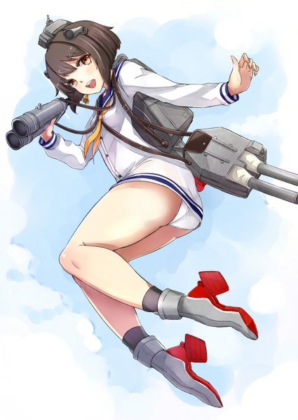 Anime picture 1002x1416 with kantai collection yukikaze destroyer asya single tall image looking at viewer short hair light erotic brown hair brown eyes pantyshot flying girl dress hair ornament underwear panties weapon shoes gun